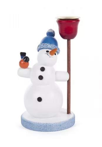 Schneemann mit Kerzenhalter und blauer Pudelmütze