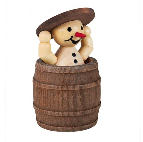 Schneemann Junior im Fass und Deckel, stehend