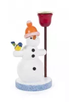 Schneemann mit Kerzenhalter und orangener Pudelmütze