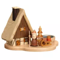 Räucherhaus mit Weihnachtsmann auf Teelichtsockel, natur