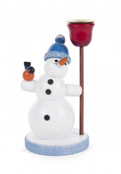 Schneemann mit Kerzenhalter und blauer Pudelmütze 